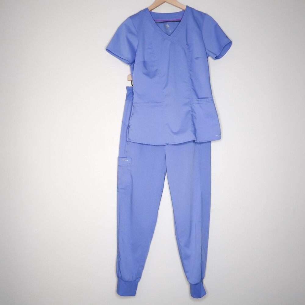 Healing Hands Womens Scrub Top & Bottom Pants Jogger Small Blue Nurse Medical